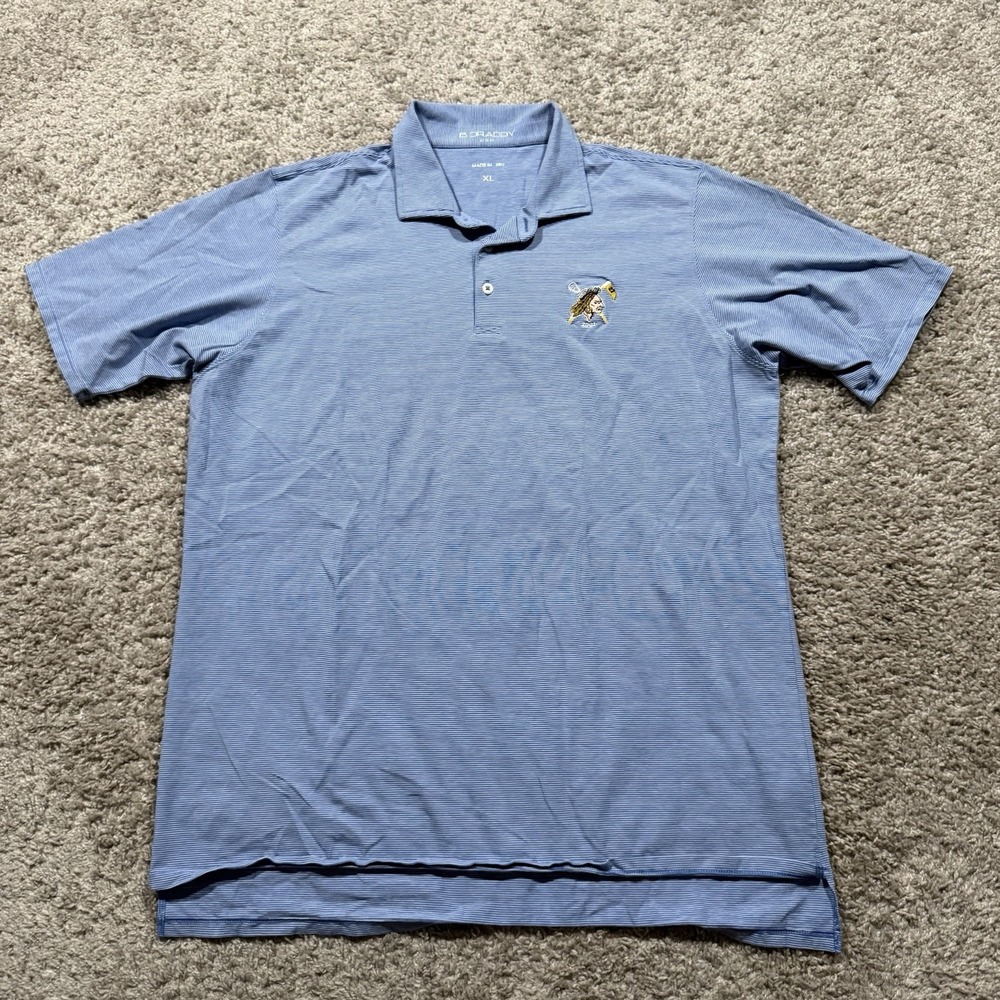 B Draddy Men's Golf Polo Shirt SZ XL Blue Striped Indian Lacrosse Embroidered